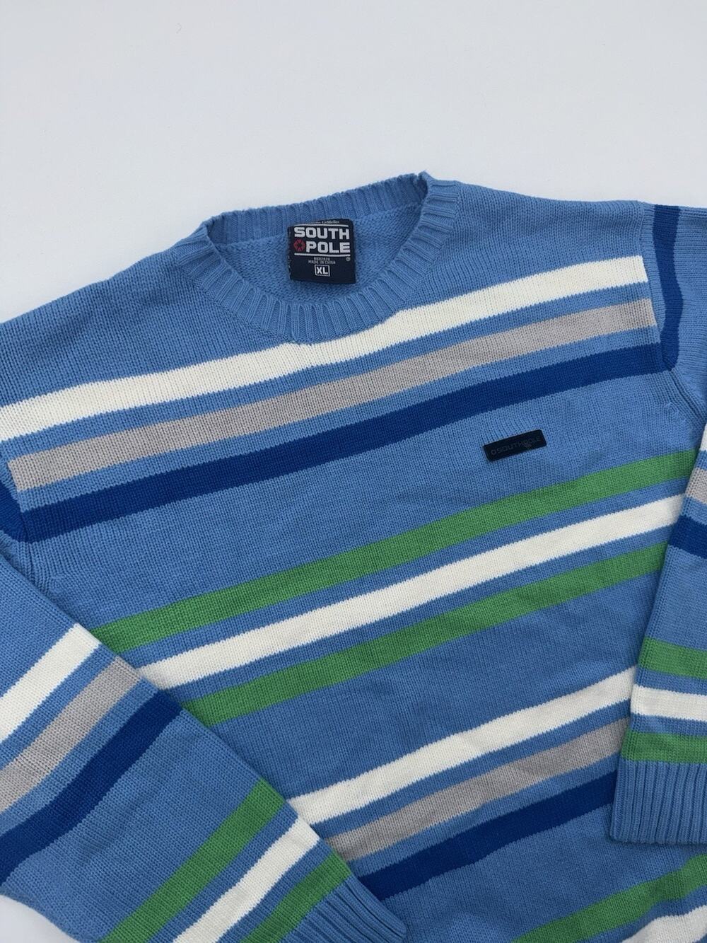 South Pole Mens Sz X-Large Striped Long Sleeve Sweater Blue White Green Vintage
